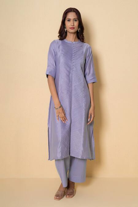 Buy_Kameez_Purple Chanderi, Cotton Embroidery Round Lavender Haze Block Print Suit Set _Online_at_Aza_Fashions