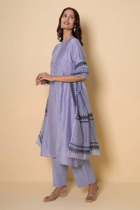 Shop_Kameez_Purple Chanderi, Cotton Embroidery Round Lavender Haze Block Print Suit Set _Online_at_Aza_Fashions