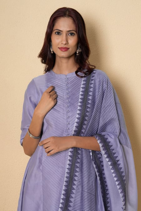 Kameez_Purple Chanderi, Cotton Embroidery Round Lavender Haze Block Print Suit Set _at_Aza_Fashions