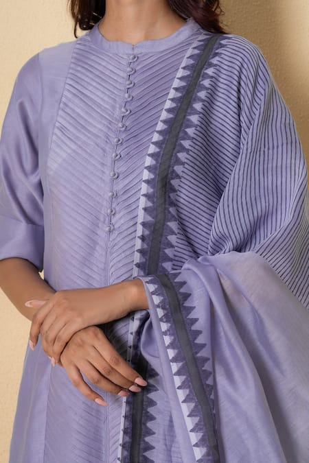Buy_Kameez_Purple Chanderi, Cotton Embroidery Round Lavender Haze Block Print Suit Set 