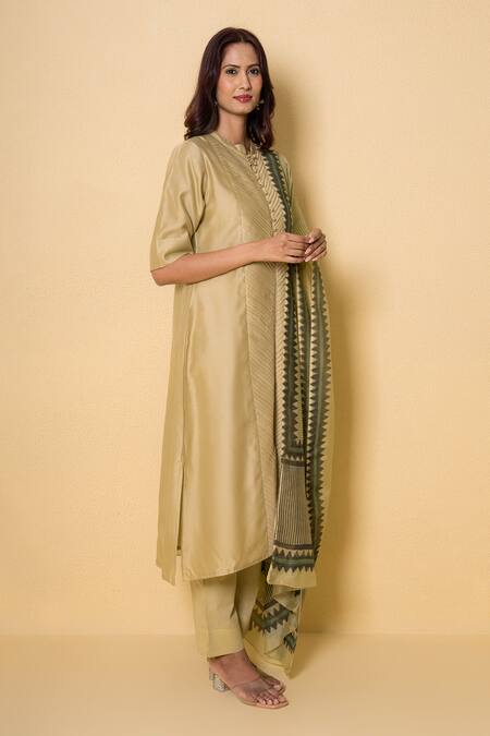 Buy_Kameez_Green Chanderi, Cotton Embroidery Round Neck Pear Block Print Suit Set _Online_at_Aza_Fashions