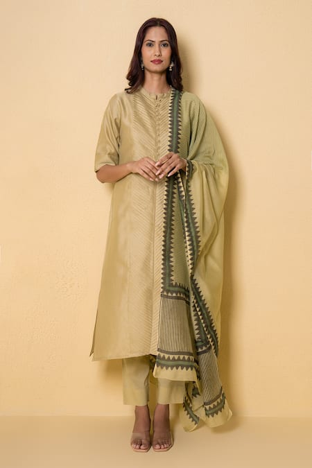 Kameez Pear Green Block Print Chanderi Suit Set