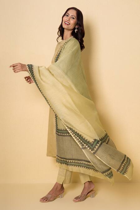 Buy_Kameez_Green Chanderi, Cotton Embroidery Round Neck Pear Block Print Suit Set 