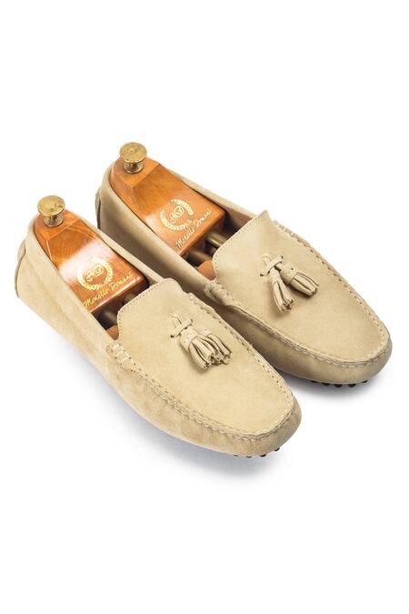 Domani_Beige Gommino Suede Tassel Loafers _Online_at_Aza_Fashions