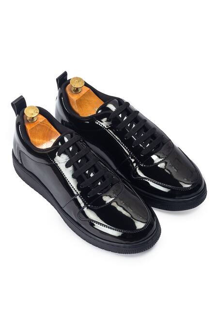 Shop_Domani_Black Doms Leather Tie Up Sneakers _Online_at_Aza_Fashions