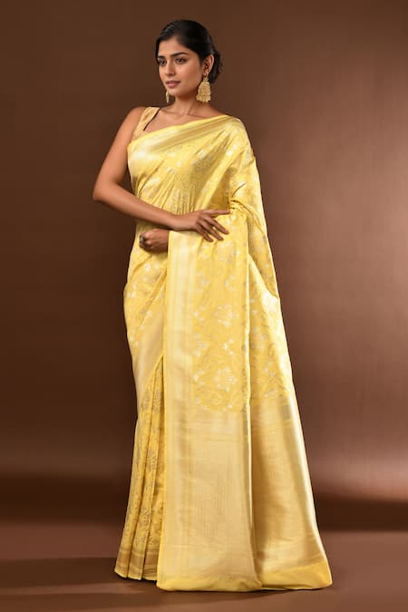Buy_Samyukta Singhania_Yellow Flower Weave Banarasi Silk Saree With Running Blouse _Online_at_Aza_Fashions