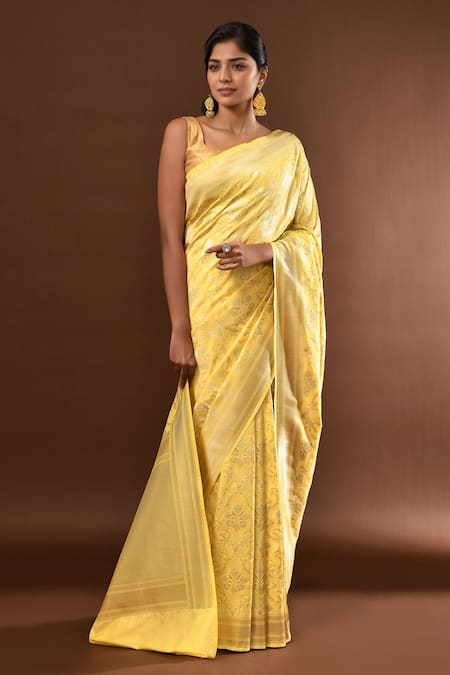 Shop_Samyukta Singhania_Yellow Flower Weave Banarasi Silk Saree With Running Blouse _Online_at_Aza_Fashions