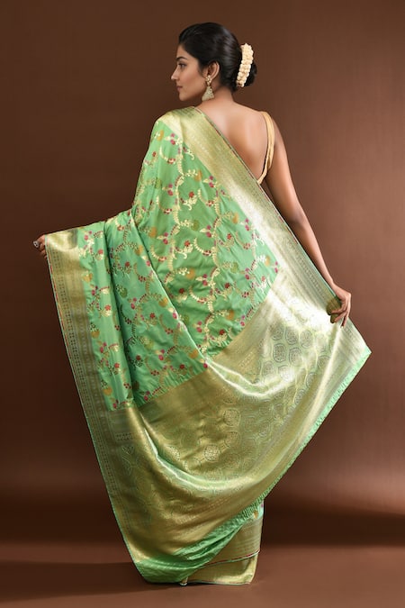 Shop_Samyukta Singhania_Green Flower Weave Banarasi Silk Saree With Running Blouse _at_Aza_Fashions