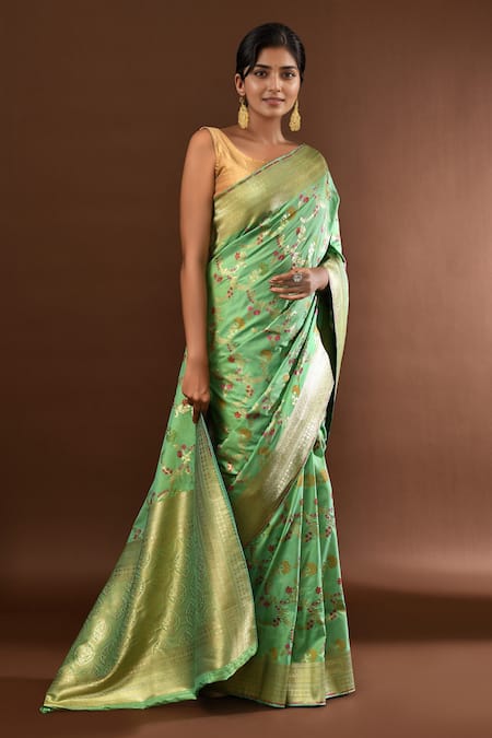 Shop_Samyukta Singhania_Green Flower Weave Banarasi Silk Saree With Running Blouse _Online_at_Aza_Fashions