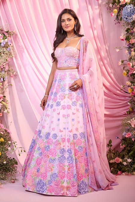 Label Priyanka Kar Pink Embroidery Sweetheart Neck Floral Lehenga Set Online at Aza Fashions Label Priyanka Kar_Pink Embroidery Sweetheart Neck Floral Lehenga Set _Online_at_Aza_Fashions