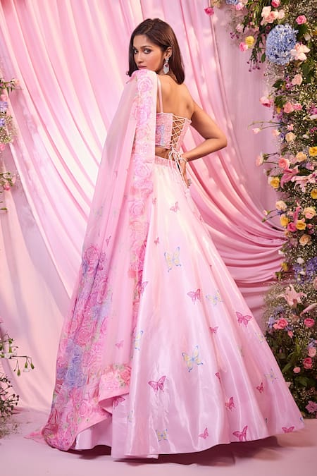 Buy Label Priyanka Kar Pink Embroidery Sweetheart Neck Floral Lehenga Set Buy_Label Priyanka Kar_Pink Embroidery Sweetheart Neck Floral Lehenga Set