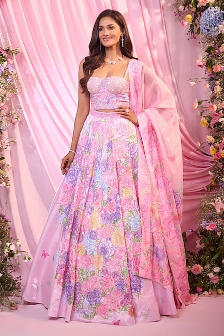 Label Priyanka Kar Pink Satin Embroidery Sweetheart Neck Floral Lehenga Set 