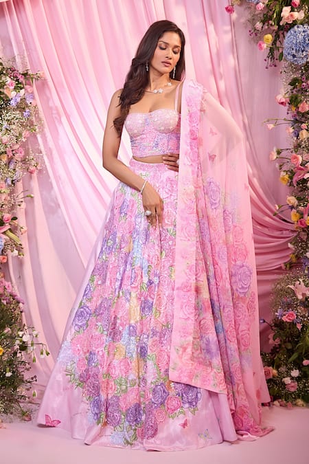 Label Priyanka Kar Floral Pink Satin Lehenga Set 
