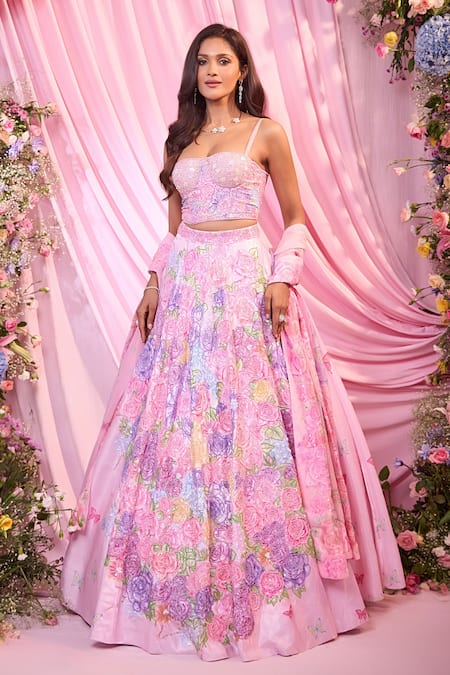 Buy_Label Priyanka Kar_Pink Satin Embroidery Sweetheart Neck Floral Lehenga Set _Online_at_Aza_Fashions