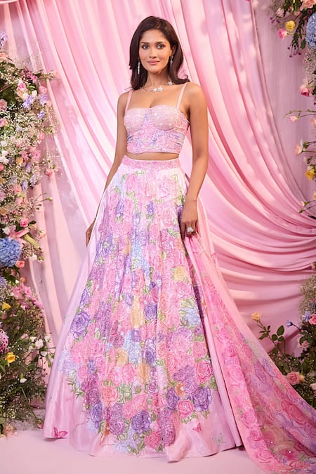 Shop_Label Priyanka Kar_Pink Satin Embroidery Sweetheart Neck Floral Lehenga Set _Online_at_Aza_Fashions