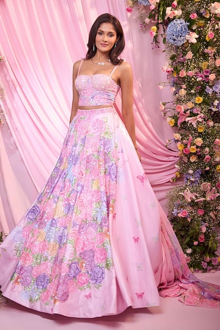 Label Priyanka Kar_Pink Satin Embroidery Sweetheart Neck Floral Lehenga Set _at_Aza_Fashions