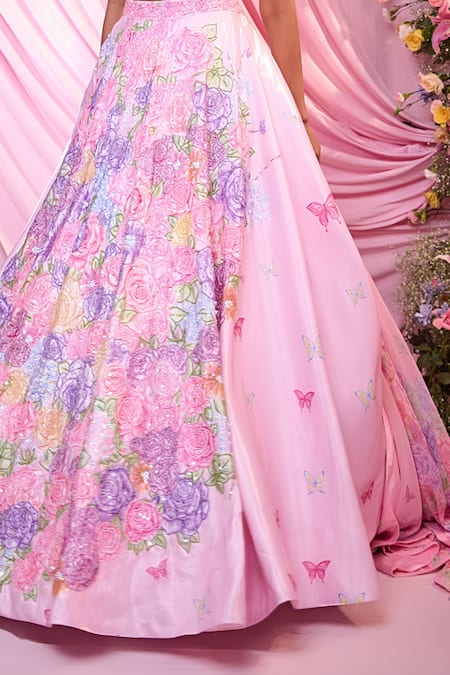 Label Priyanka Kar_Pink Satin Embroidery Sweetheart Neck Floral Lehenga Set _Online_at_Aza_Fashions