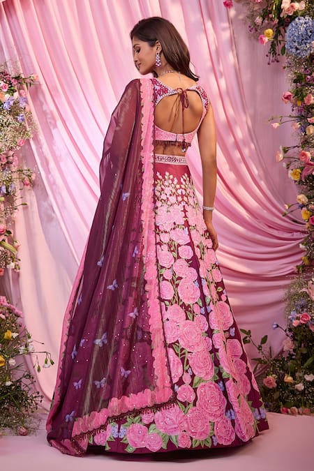 Label Priyanka Kar Floral Embroidered Maroon Lehenga Set 
