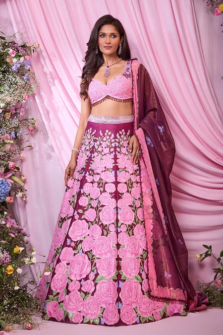 Label Priyanka Kar Maroon Satin Embroidery Plunge Neck Floral Lehenga Set Online at Aza Fashions Label Priyanka Kar_Maroon Satin Embroidery Plunge Neck Floral Lehenga Set _Online_at_Aza_Fashions