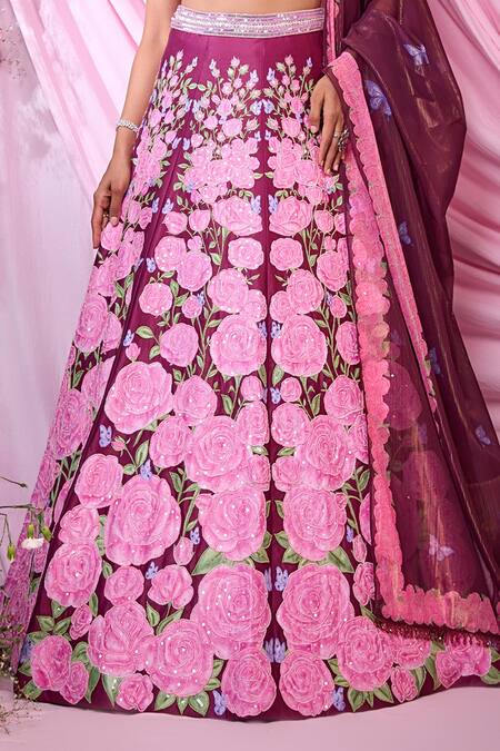 Buy Label Priyanka Kar Maroon Satin Embroidery Plunge Neck Floral Lehenga Set Online at Aza Fashions Buy_Label Priyanka Kar_Maroon Satin Embroidery Plunge Neck Floral Lehenga Set _Online_at_Aza_Fashions