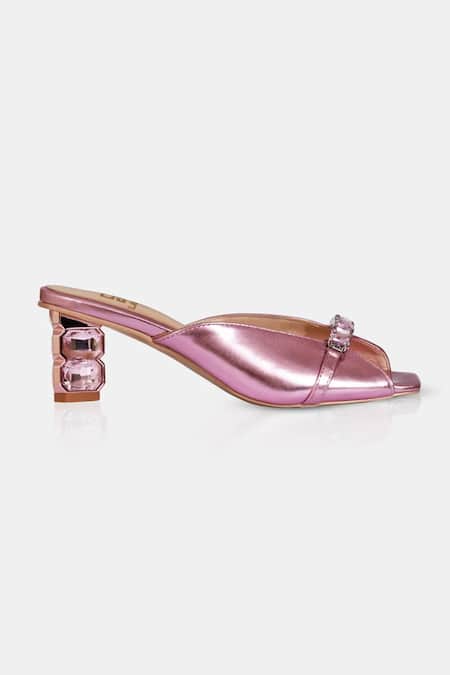 Elleganti Mauve Blush Pink Crystal Heeled Mules 