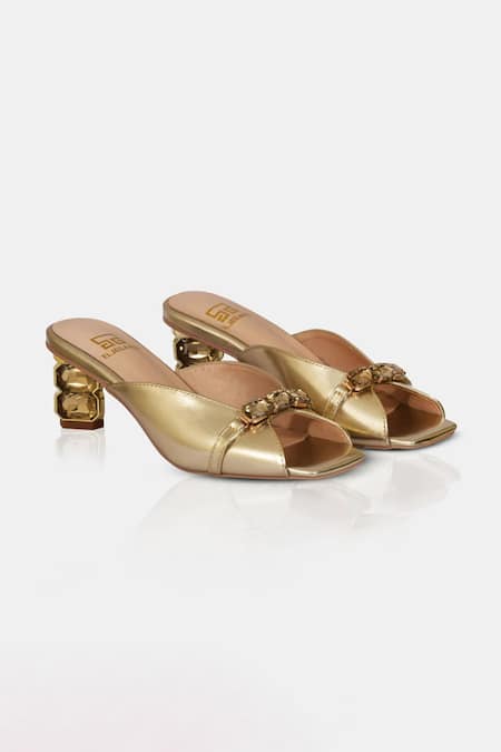 Elleganti Gold Crystals Metallic Heeled Sandals