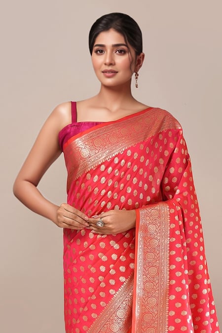 Buy Naintara Bajaj Peach Banarasi Silk Butti Brocade Saree With Running Blouse Online at Aza Fashions Buy_Naintara Bajaj_Peach Banarasi Silk Butti Brocade Saree With Running Blouse _Online_at_Aza_Fashions