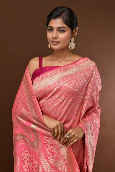 Samyukta Singhania Peach Leaf Woven Banarasi Silk Saree With Running Blouse Online at Aza Fashions Samyukta Singhania_Peach Leaf Woven Banarasi Silk Saree With Running Blouse _Online_at_Aza_Fashions