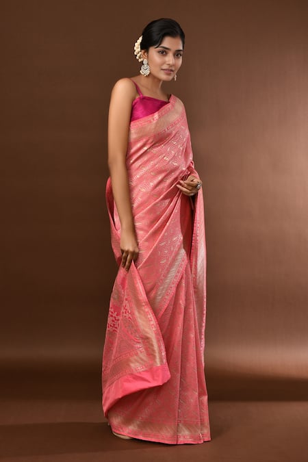 Shop Samyukta Singhania Peach Leaf Woven Banarasi Silk Saree With Running Blouse Online at Aza Fashions Shop_Samyukta Singhania_Peach Leaf Woven Banarasi Silk Saree With Running Blouse _Online_at_Aza_Fashions