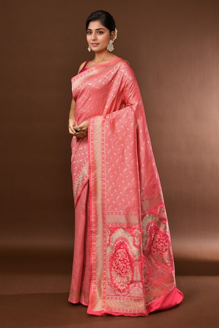 Samyukta Singhania Peach Leaf Woven Banarasi Silk Saree With Running Blouse at Aza Fashions Samyukta Singhania_Peach Leaf Woven Banarasi Silk Saree With Running Blouse _at_Aza_Fashions