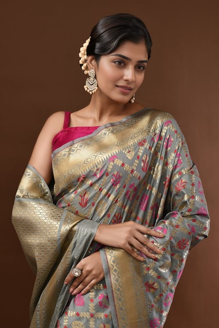 Buy_Samyukta Singhania_Gray Jaal Weave Banarasi Silk Saree With Running Blouse _Online_at_Aza_Fashions