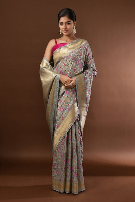 Samyukta Singhania_Gray Jaal Weave Banarasi Silk Saree With Running Blouse _at_Aza_Fashions