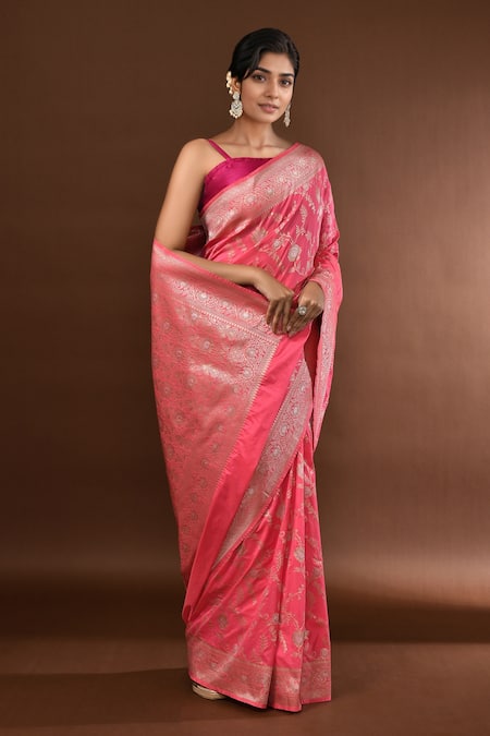 Buy Samyukta Singhania Peach Flower Weave Banarasi Silk Saree With Running Blouse Online at Aza Fashions Buy_Samyukta Singhania_Peach Flower Weave Banarasi Silk Saree With Running Blouse _Online_at_Aza_Fashions