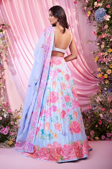 Shop Label Priyanka Kar Blue Georgette Embroidery, Sequins Sweetheart Neck Floral Hand Lehenga Set at Aza Fashions Shop_Label Priyanka Kar_Blue Georgette Embroidery, Sequins Sweetheart Neck Floral Hand Lehenga Set _at_Aza_Fashions