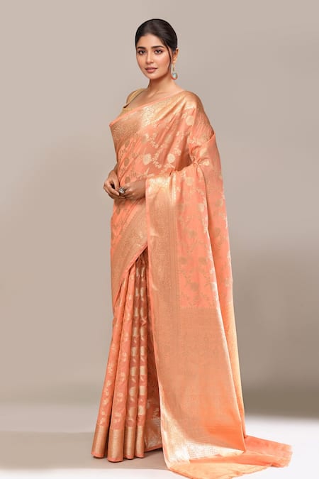 Buy Naintara Bajaj Peach Flower Weave Banarasi Silk Saree With Running Blouse Online at Aza Fashions Buy_Naintara Bajaj_Peach Flower Weave Banarasi Silk Saree With Running Blouse _Online_at_Aza_Fashions
