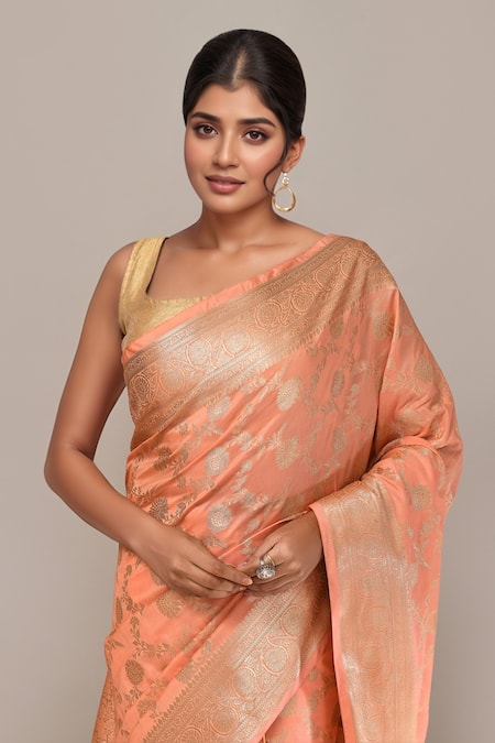 Shop Naintara Bajaj Peach Flower Weave Banarasi Silk Saree With Running Blouse Online at Aza Fashions Shop_Naintara Bajaj_Peach Flower Weave Banarasi Silk Saree With Running Blouse _Online_at_Aza_Fashions