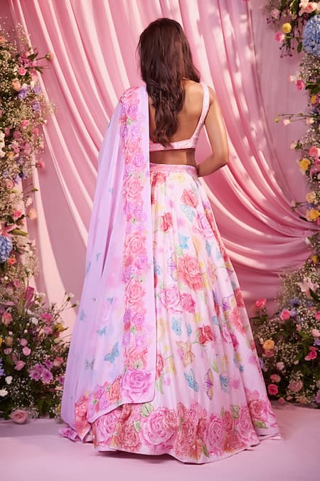 Shop Label Priyanka Kar Pink Georgette Sequins, Embroidery Round Neck Floral Hand Lehenga Set at Aza Fashions Shop_Label Priyanka Kar_Pink Georgette Sequins, Embroidery Round Neck Floral Hand Lehenga Set _at_Aza_Fashions