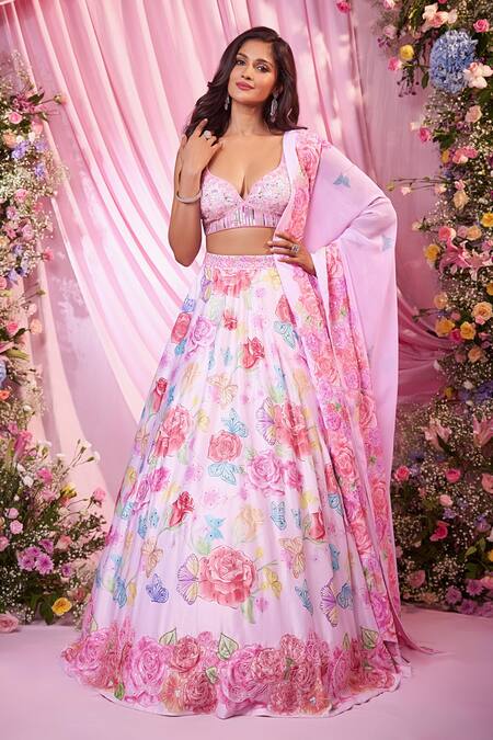 Shop Label Priyanka Kar Pink Georgette Sequins, Embroidery Round Neck Floral Hand Lehenga Set Online at Aza Fashions Shop_Label Priyanka Kar_Pink Georgette Sequins, Embroidery Round Neck Floral Hand Lehenga Set _Online_at_Aza_Fashions