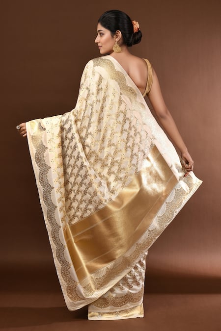 Shop Samyukta Singhania White Zari Jaal Weave Banarasi Silk Saree With Running Blouse at Aza Fashions Shop_Samyukta Singhania_White Zari Jaal Weave Banarasi Silk Saree With Running Blouse _at_Aza_Fashions