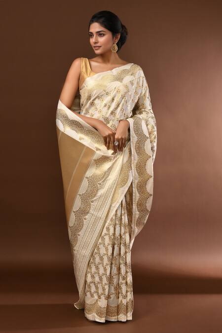 Samyukta Singhania White Zari Jaal Weave Banarasi Silk Saree With Running Blouse at Aza Fashions Samyukta Singhania_White Zari Jaal Weave Banarasi Silk Saree With Running Blouse _at_Aza_Fashions