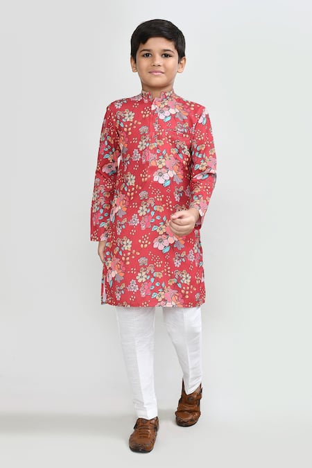 Petite Pomme Red Cotton, Silk Printed Kurta And White Pant Set 