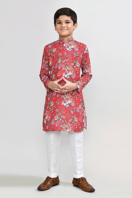 Buy_Petite Pomme_Red Cotton, Silk Printed Kurta And White Pant Set _Online_at_Aza_Fashions