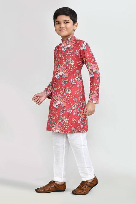 Shop_Petite Pomme_Red Cotton, Silk Printed Kurta And White Pant Set _Online_at_Aza_Fashions