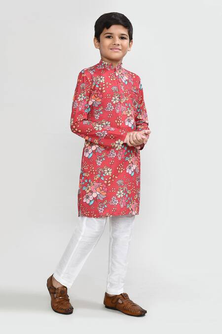 Buy_Petite Pomme_Red Cotton, Silk Printed Kurta And White Pant Set 
