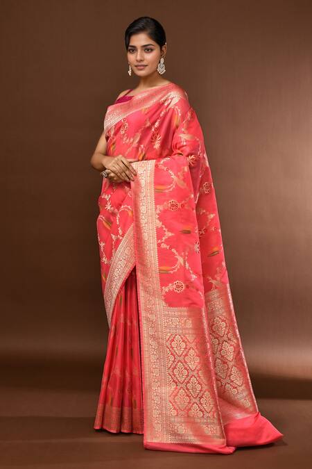Buy_Samyukta Singhania_Peach Flower Weave Banarasi Silk Saree With Running Blouse _Online_at_Aza_Fashions
