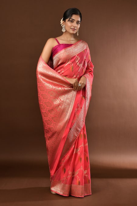 Shop_Samyukta Singhania_Peach Flower Weave Banarasi Silk Saree With Running Blouse _Online_at_Aza_Fashions