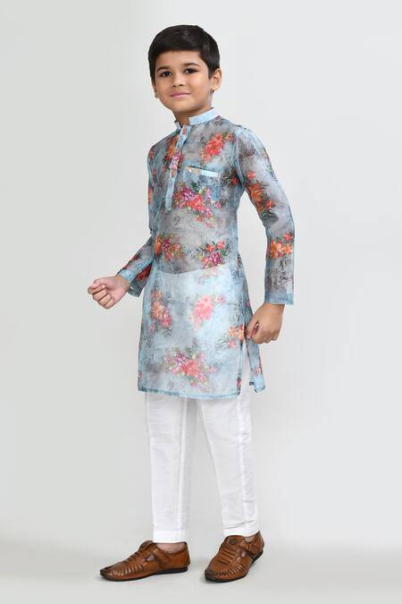 Petite Pomme_Green Georgette, Silk Sea Digital Print Kurta Set _at_Aza_Fashions