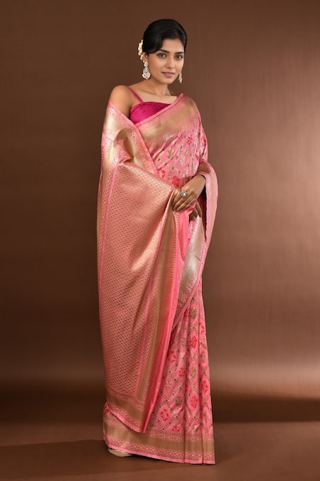 Shop_Samyukta Singhania_Peach Jaal Weave Banarasi Silk Saree With Running Blouse _Online_at_Aza_Fashions