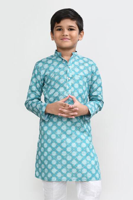 Petite Pomme_Turquoise Cotton, Silk Zari Green Kurta And White Pant Set _Online_at_Aza_Fashions