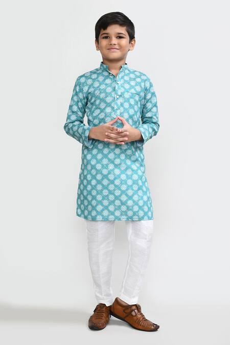 Shop_Petite Pomme_Turquoise Cotton, Silk Zari Green Kurta And White Pant Set _Online_at_Aza_Fashions